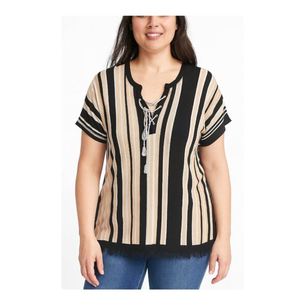 Lisa Todd Striped Fringe Short Sleeve Sweater Size Medium EUC - Picture 1 of 4
